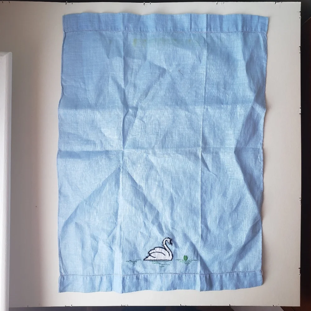 Embroidered Swan on French Blue Linen Finger Towel